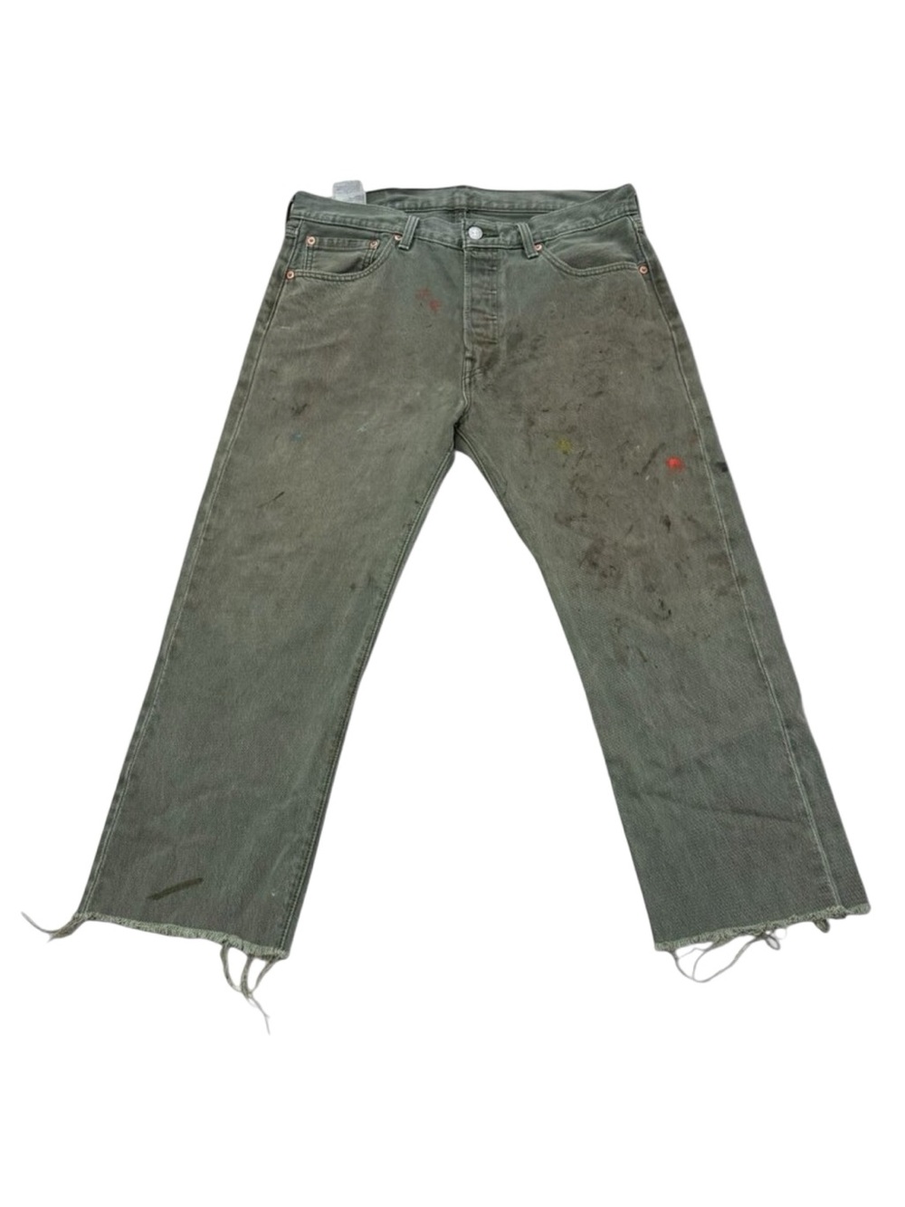 Men’s Levi’s 501 Green Denim Paint Splatter Cut Off Jeans W34